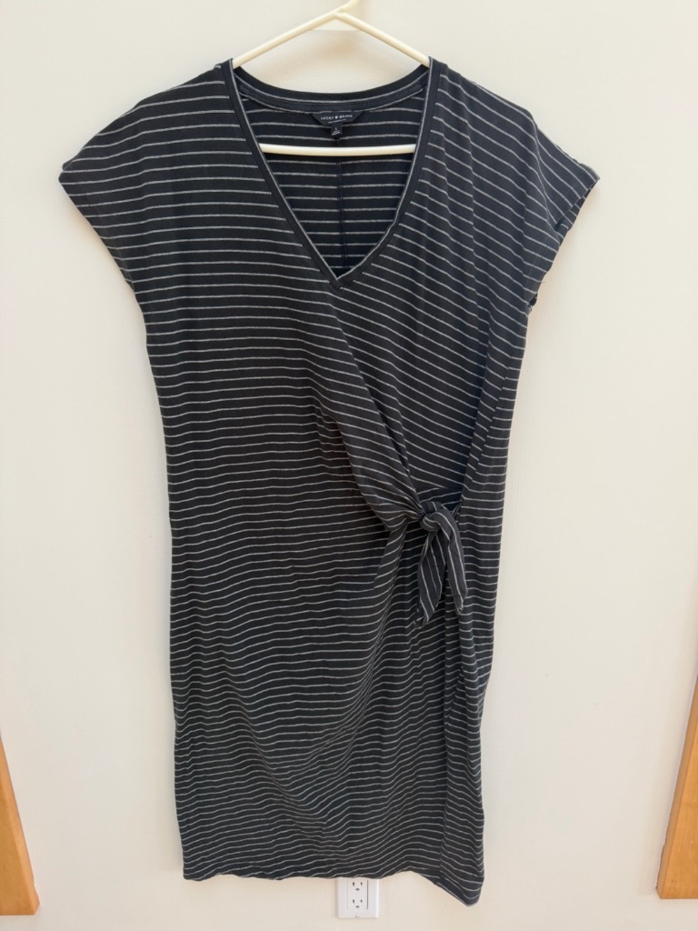 Lucky Brand Black and Gray Striped Midi Wrap Dress